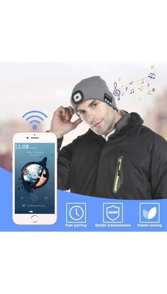 Unisex Bluetooth Beanie Hat with Light, Built-in Speaker Mic, Headlamp Cap with Headphones