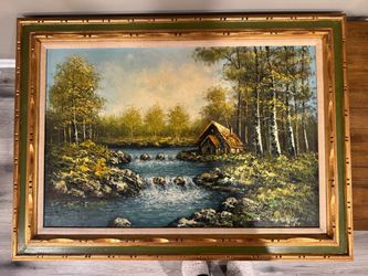 Vintage painting with gold frame. Forest landscape LARGE art