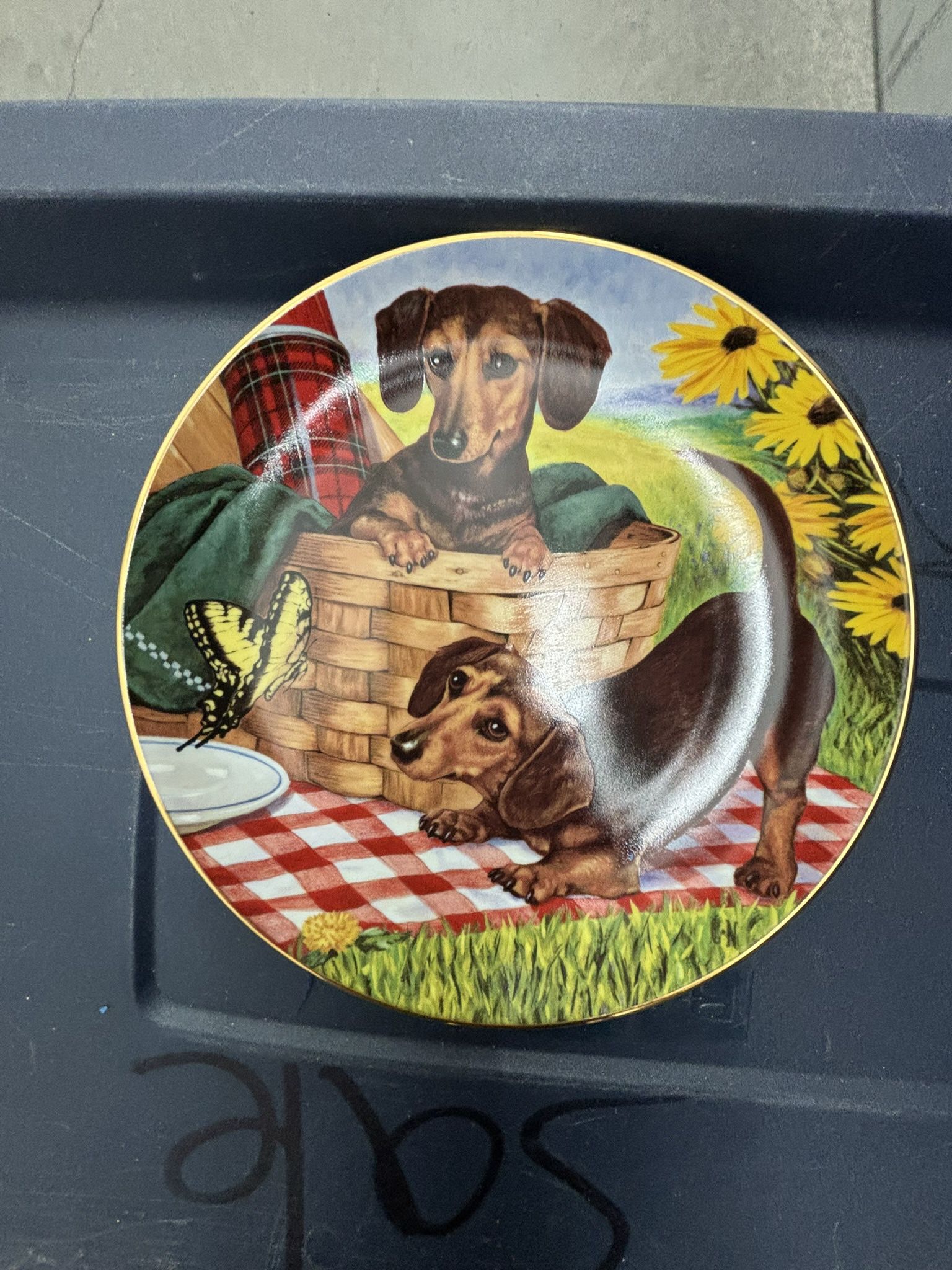Danbury Mint; Art By Christopher Nick Limited Edition Collection ;Dachshunds China Plate “ Picnic Pals”
