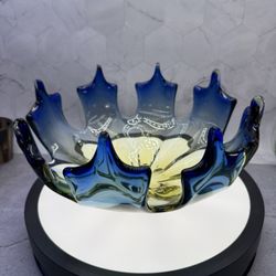 Gorgeous X-Large Vintage  Murano Art Glass Organic Flower Blue to Yellow Bowl, 1. Hand crafted/Blown. 11.5” Wide x 6” Tall. Great Condition. 