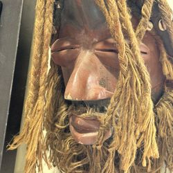Authentic African Tribal Carved Wood Mask with Dreads & Cowrie Shells