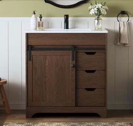 DELUXE DL LIVING Eon 31 in. W Single Sink Walnut Freestanding Bath Vanity with White Engineered Solid Surface Top Unassembled