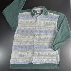 Vintage 90’s Men’s Dark Green Long Sleeve Geometric Center Button Down Casual
