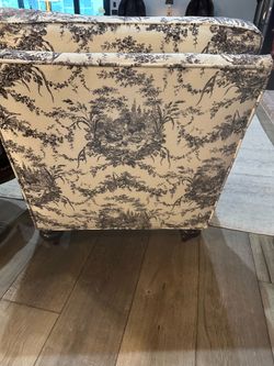 BEAUTIFUL WIDE CLUB CHSIR CUSTOM UPHOLSTERED IN LA FERME TOILE AND TICKING STRIPE CONTRADT