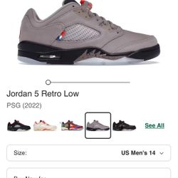 paris saint germain jordans retro 5 size 14 m