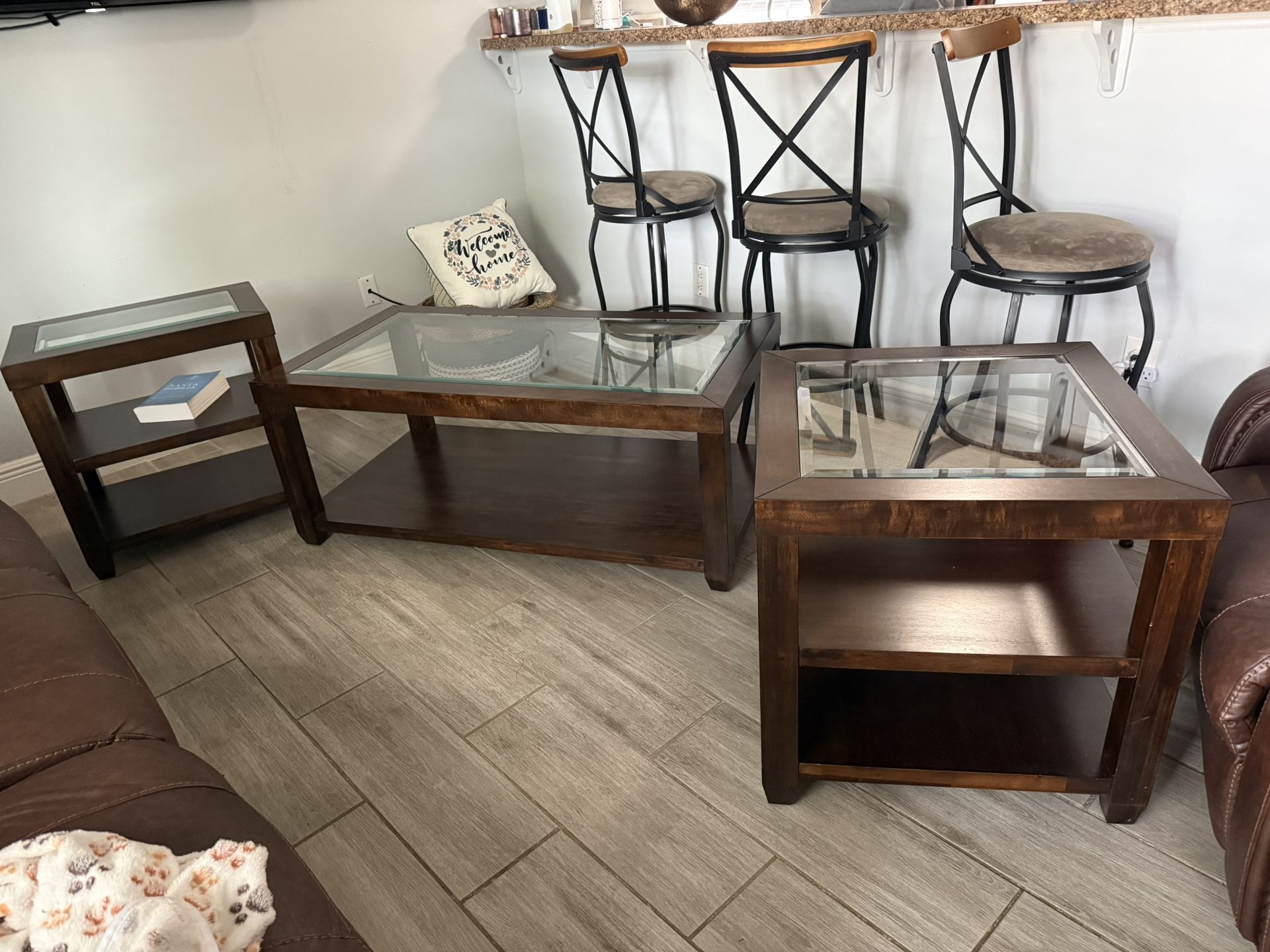 3 High Chairs And One Cocktail Table And Two End Tables