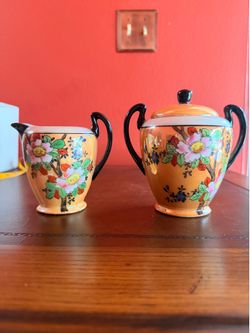 Vintage Made in Japan Lustreware Sugar Bowl & Creamer Set Peach Floral Black