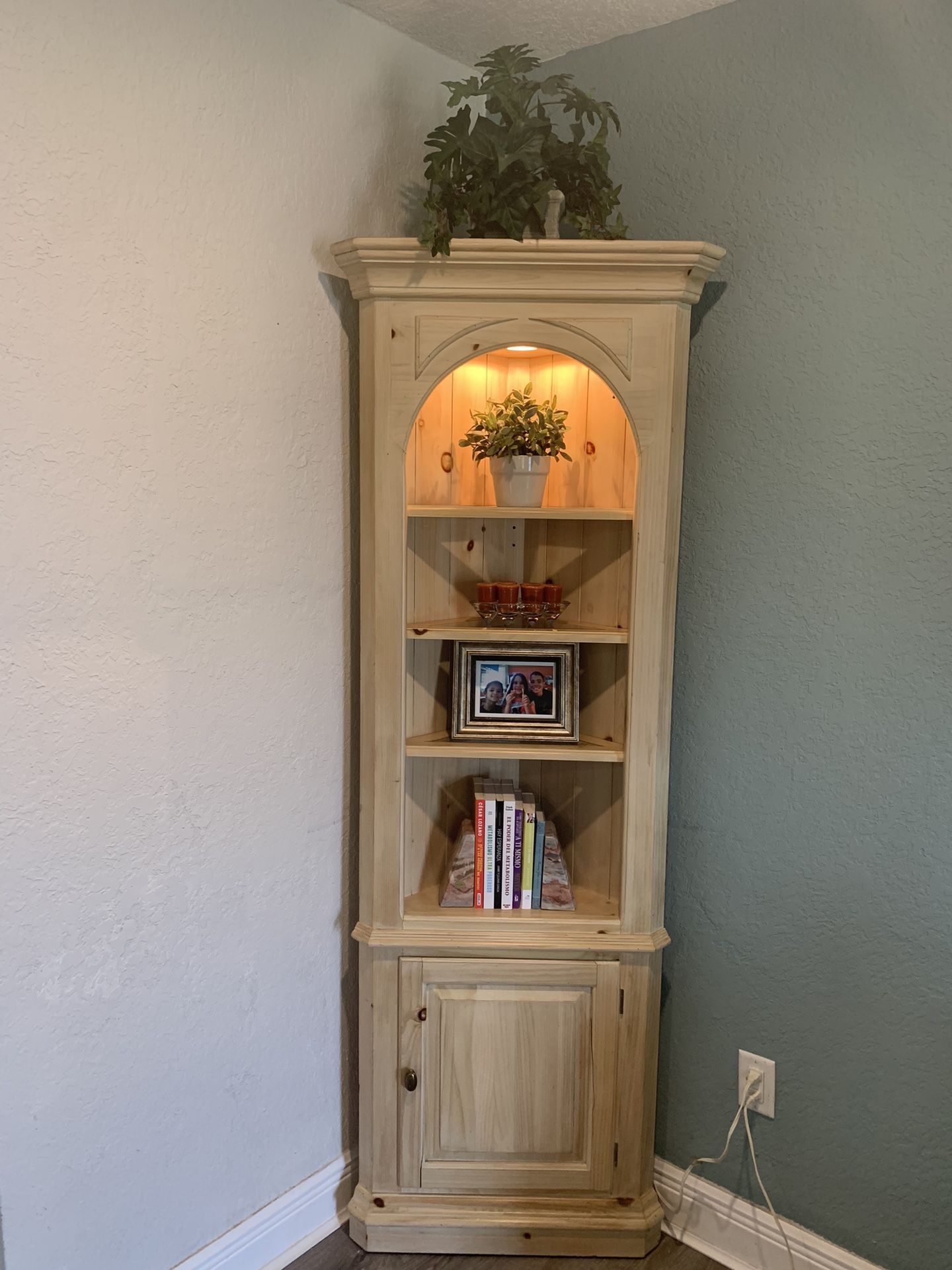 Wood Corner Bookshelf with Light, Glass Shelves, and a Door