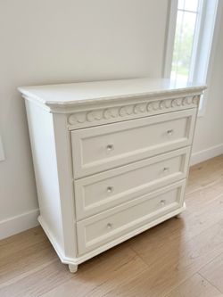 Simply Shabby Chic White 3-Drawer Dresser / Chest with Crystal Knobs & Carved Detail