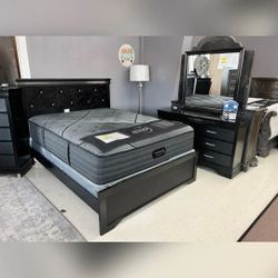 Amalia Black Upholstered Panel Bedroom Set Queen Or King Set Bed, Dresser, Mirror, Nightstand, Chest 