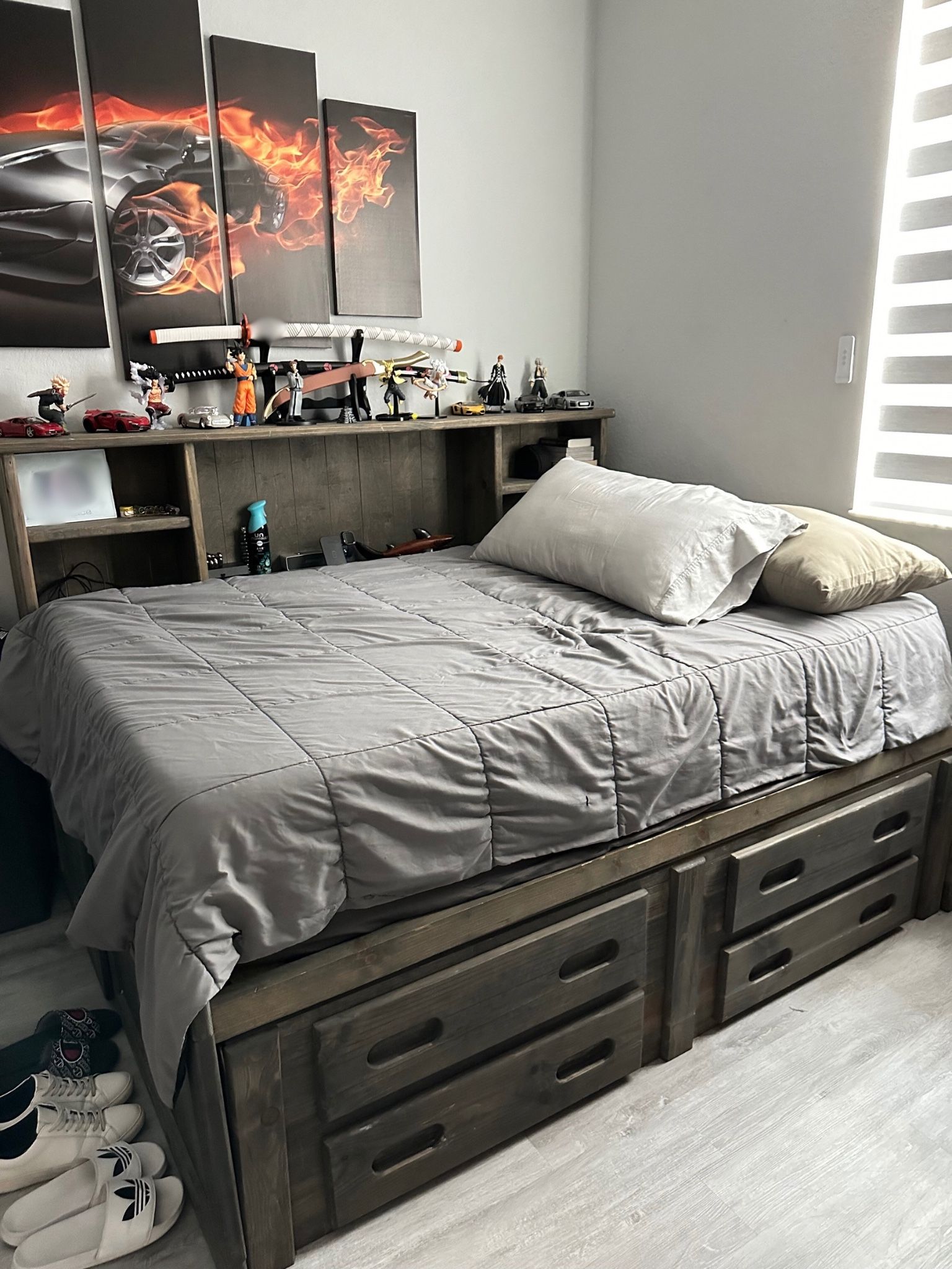 Storage Bed Frame w/ Drawers + Shelves – Rustic, Solid Wood, Dark Stain Finish