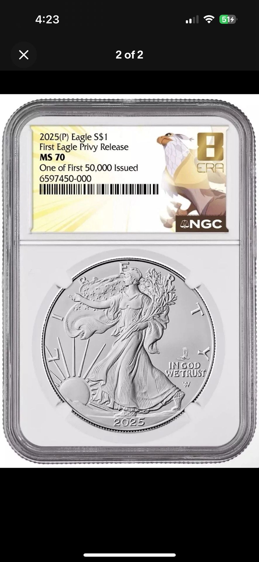 2025 $1 American Silver Eagle First Eagle Privy Release One of First 50,000 MS70