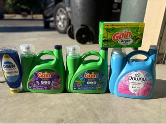 Gain detergent, downy fabric softener, dawn dish soap & dryer sheets