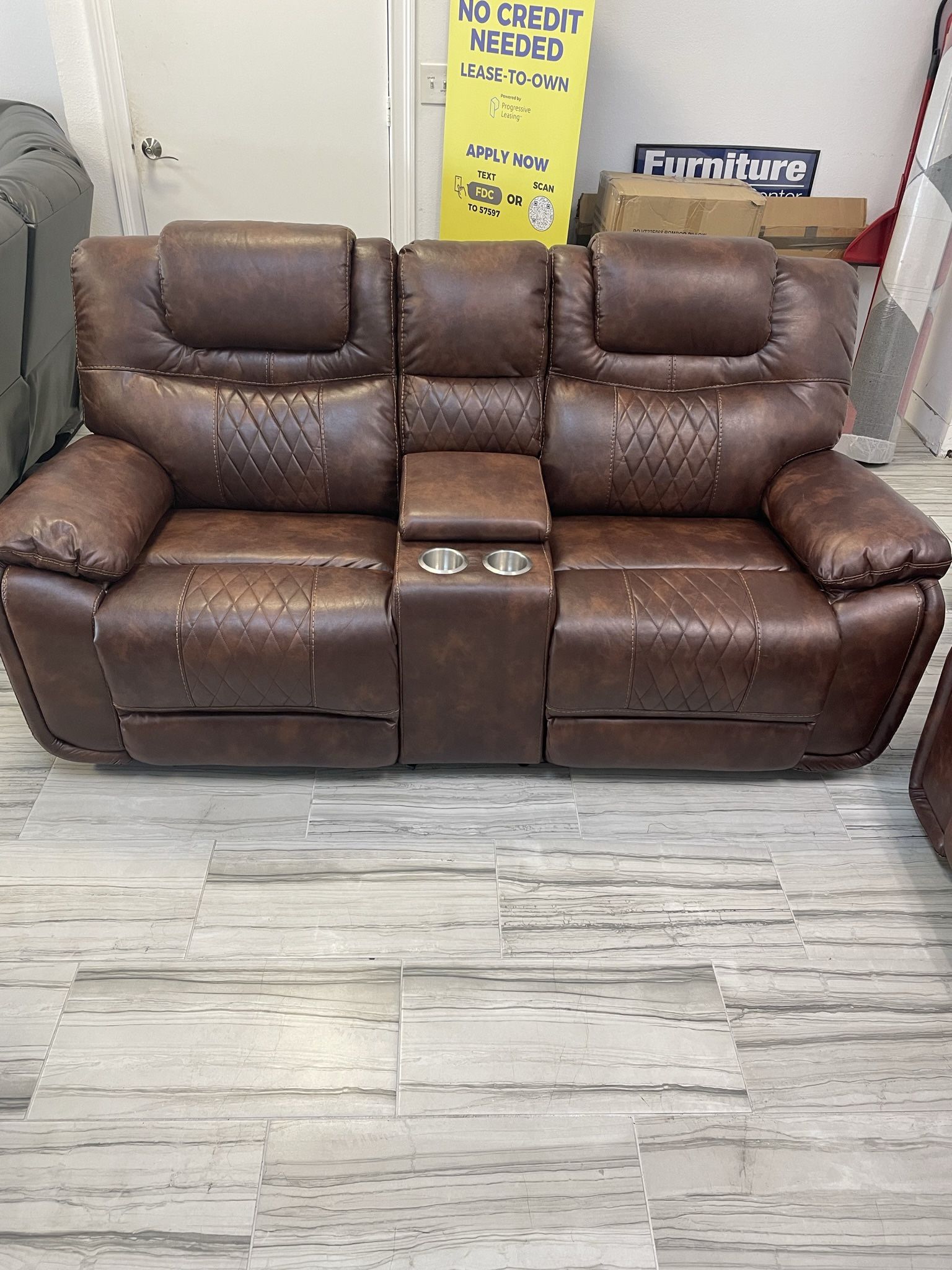Going out of business sale. Santiago brown leather reclining sofa and loveseat set now $1099. Easy finance option. Same-day delivery.