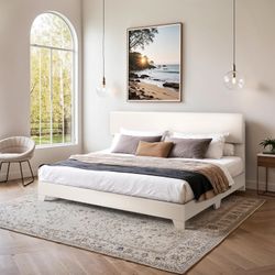 King Size Bed Frame with Adjustable Headboard, Faux Leather Upholstered Platform Bed with Wood Slats, Stable Mattress Foundation,No Box Spring Needed,