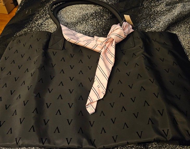 Black VS Tote Bag with Pink Scarf Accent