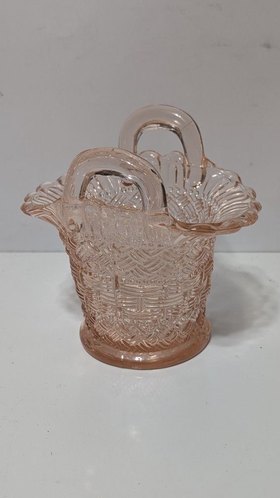Vintage Pink Depression Glass Basket – Woven Pattern Candy Dish with Double Handles, 5"