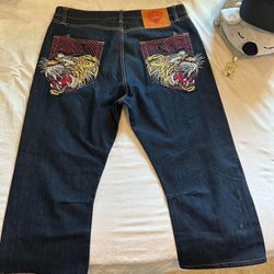 Vintage Y2K Ed Hardy Tiger Embroidery Rhinestone Jeans (RARE)