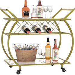 Gold Bar Cart,2 Tier Bar Cart with Wine Rack and Wheels,Home Bar Serving Cart with 2 Glass Shelves,Industrial Mobile Bar Cart for Home/Kitchen/Club/Li