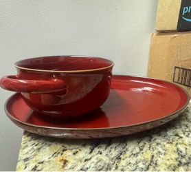 Red Glazed Ceramic Cup and Saucer Set of 4