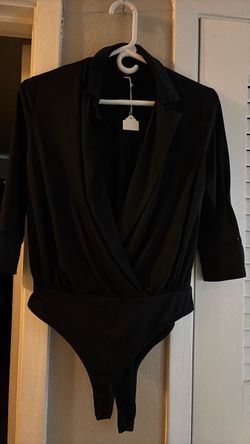 Black Deep V-Neck Bodysuit with Collar