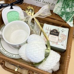 Floral Tea Gift Basket: Porcelain Teacup, Aroma Stone & Teddy Towel