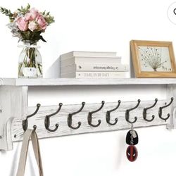 Rustic Wall Coat Rack with 5/8" Metal Hooks and Storage Shelf - 35.8" Long - White