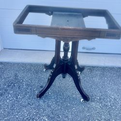 Antique Victorian Eastlake Cherry NO TOP Parlor Side Table Imperfections. The marble top had a big crack. One of the side flap/drop edge is missing. U