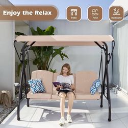 V401 800LBS Patio Swing with Canopy 3 Seat Outdoor Porch Swing with Stand w/Cup Holder & Pillow Glider Chair Swing Bed for Patio Backyard Poolside (Kh