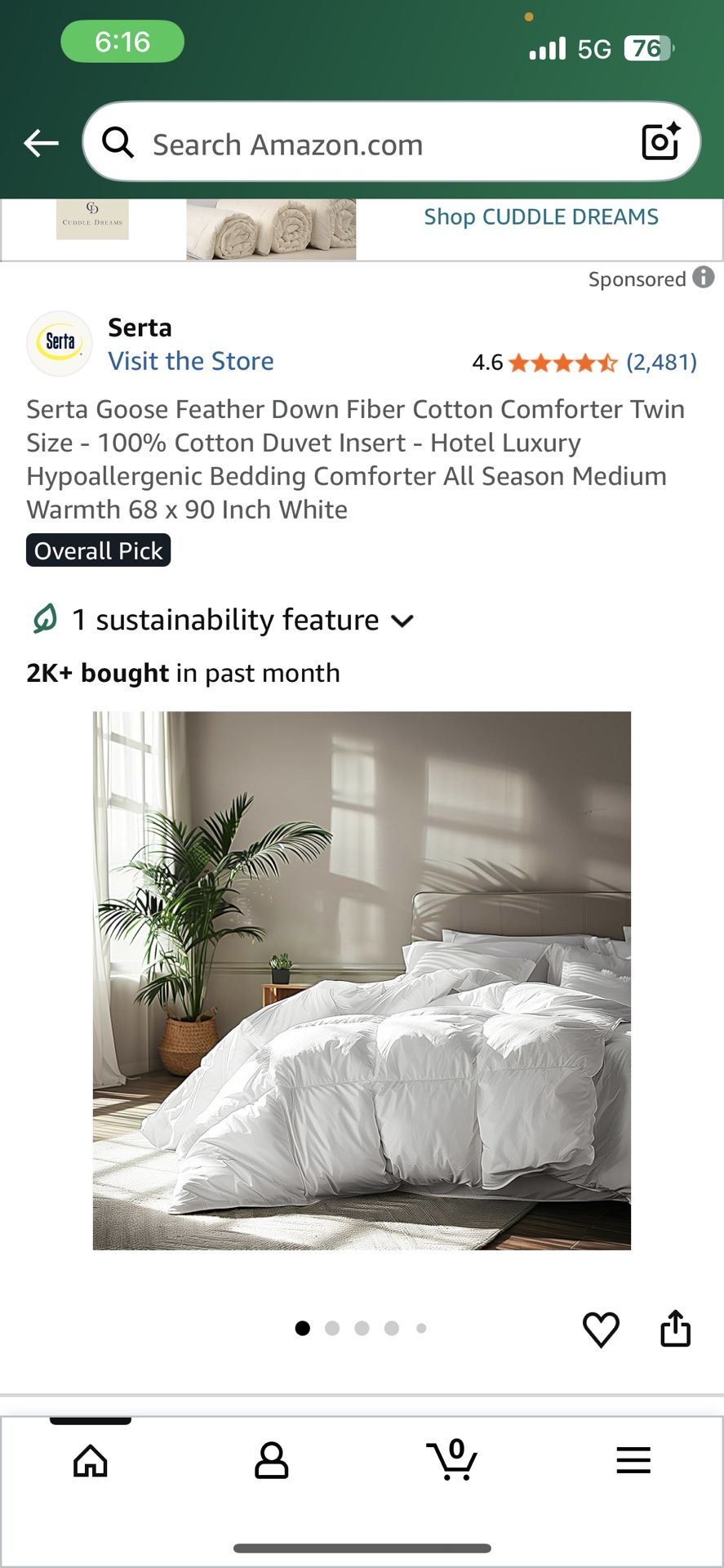 Serta 100% Cotton Goose Down Fiber Comforter Duvet. Twin Size