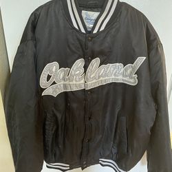 Vintage Oakland Logo Renegade Size XL Bomber Jacket Black/Silver Snap Close. See Photos For Condition Issues