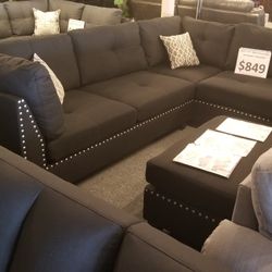 Brand New 104" x 75" Black Linen Reversible Sectional + Ottoman