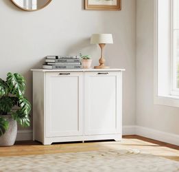 Jaxpety Double Tilt Out Trash Can Cabinet with Deodorizing Function” Wide White