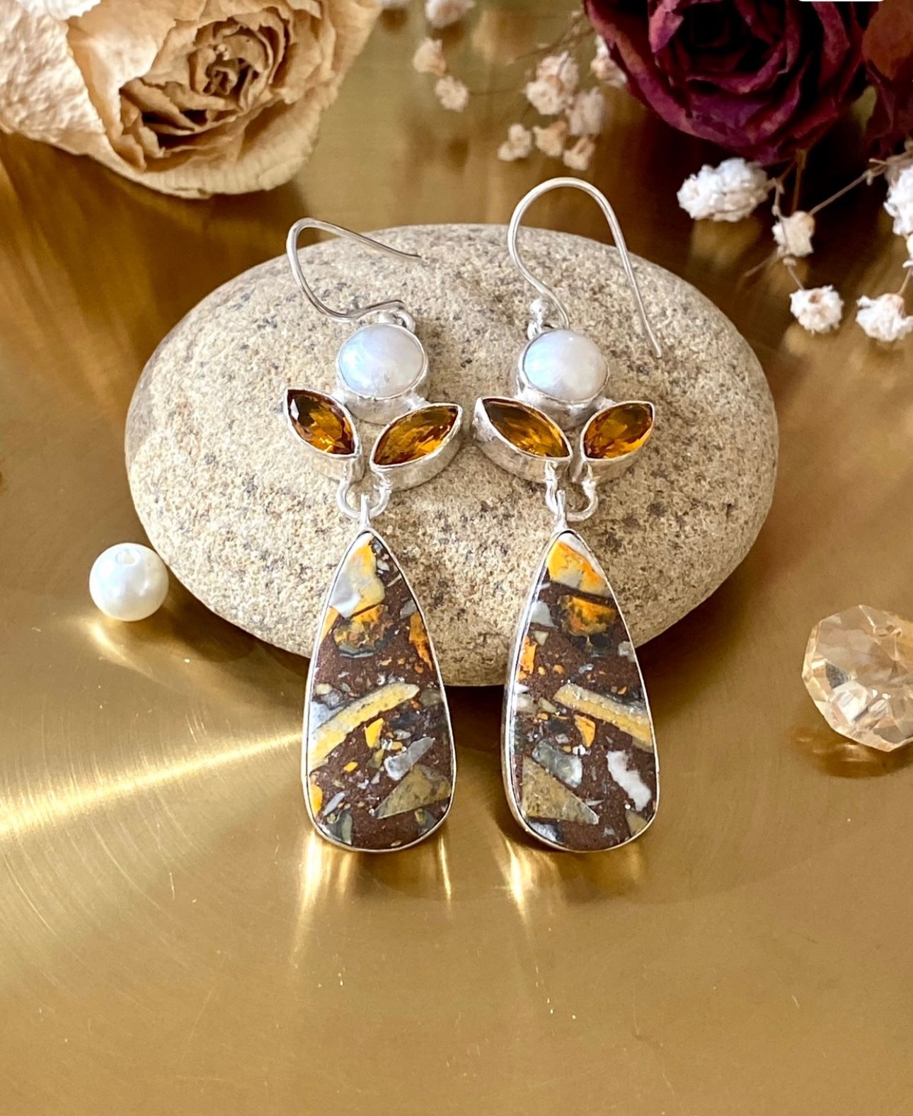 Spiny Bumble Bee, Biwa Pearl And Citrine 925 Sterling Silver Overlay Earrings
