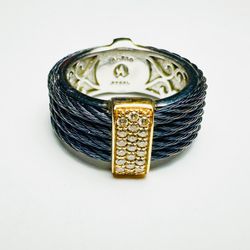 ALOR SIGNATURE BAND RING 750 Gold and STEEL with Diamonds Size 7 