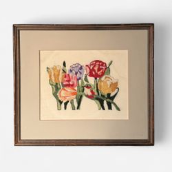 Vintage Crewel Embroidery Floral Wall Art Framed Tulips Hummingbird Matted