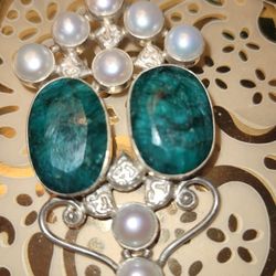 925 Natural Raw Polished Emerald With Pearls Pendant Slide 