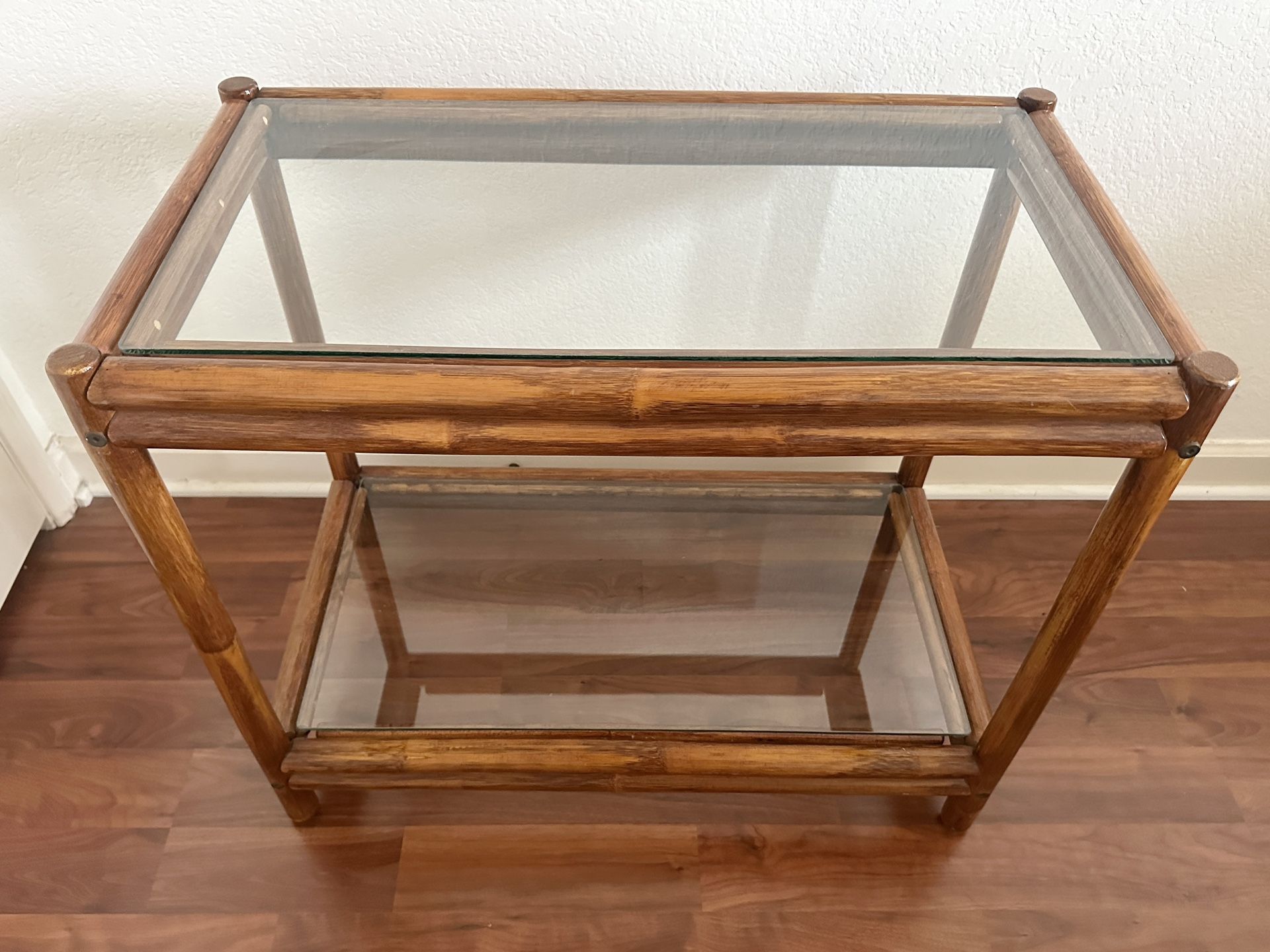 Rattan Side Table With 2 Glass Shelves