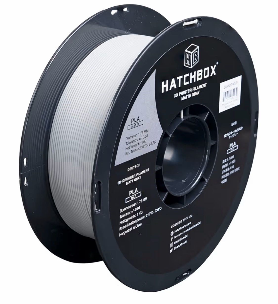 HATCHBOX Matte PLA Filament — 1.75mm, 1KG Spool (Gray) | ±0.03mm Precision