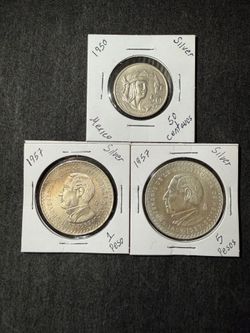 Mexican silver coins 50 centavos 1 peso & 5 pesos