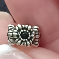 Pandora Made For Bracelet- Sterling Silver Flowers With Onyx Stone Charm
