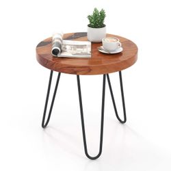 New 20" Round Solid Teak Wood End Table with Live Edge, Black Epoxy & Metal Frame