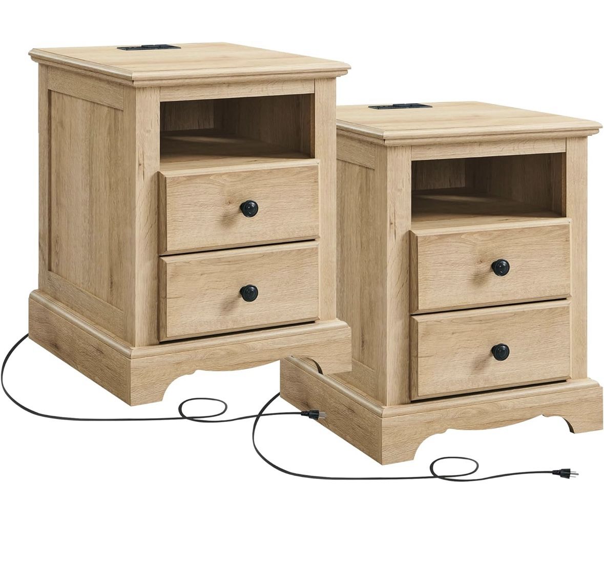 Nightstand with Charging Station, 18 Inch Vintage End Table with 2 Drawers, Wood Rustic Sofa Side Table with Open Storage Shelf for Bedroom, Living Ro