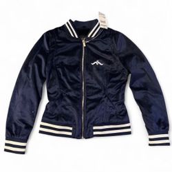 Navy Blue Velvet Bomber Jacket with Striped Trim Detail