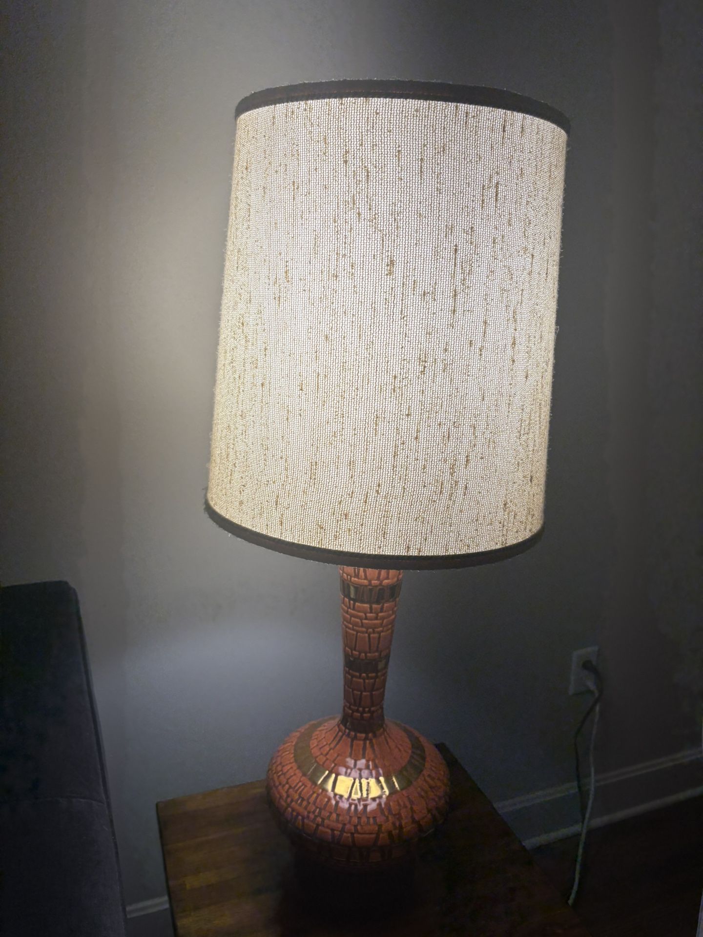 Vintage MCM Ceramic Table Lamp - 1960s Orange Crackle Glaze, Gold Accents