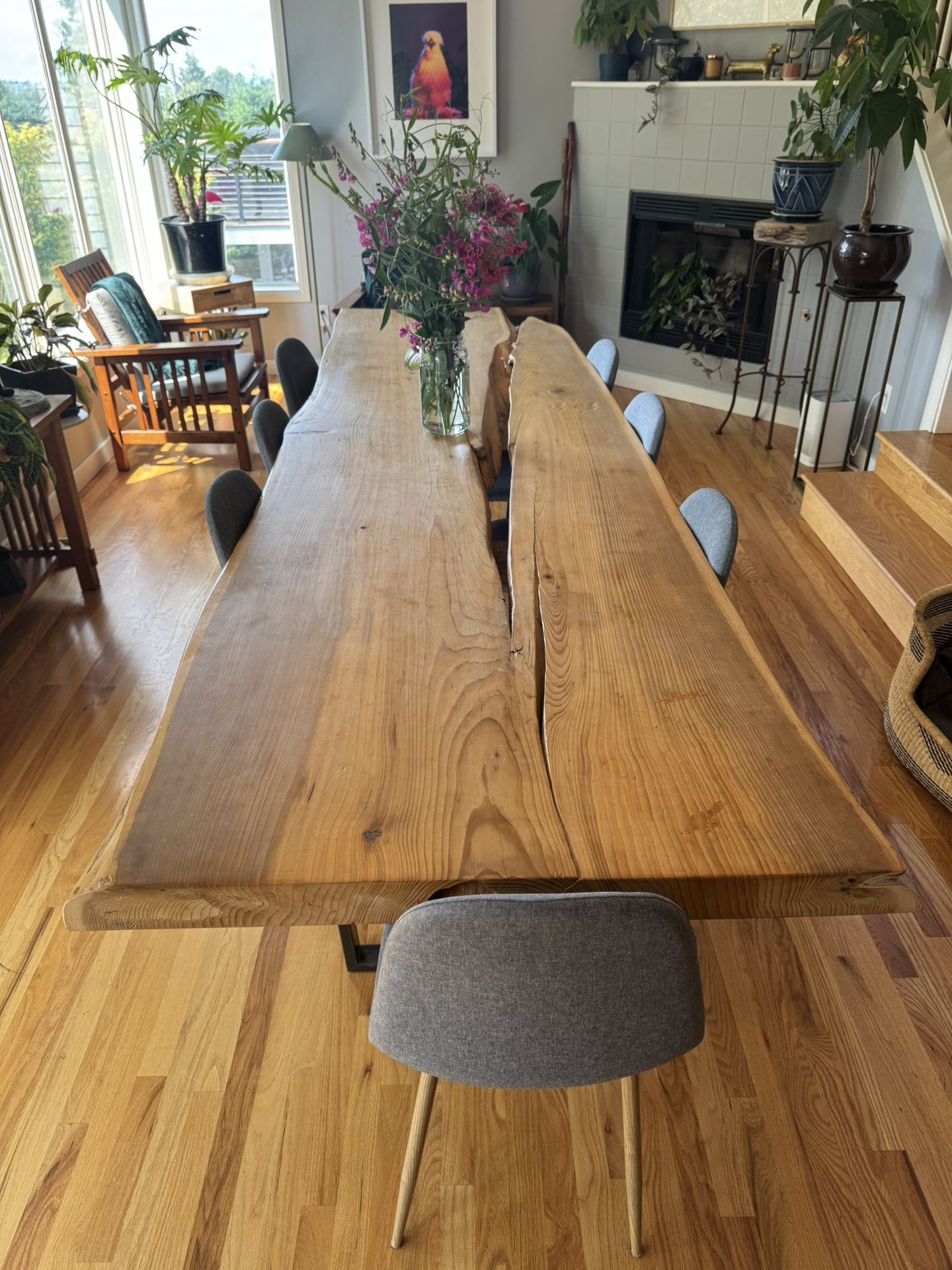 Custom Large Live Edge Slab Dinning Room Table With Chairs
