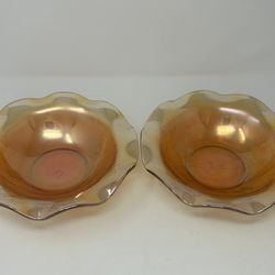 Vintage Marigold Carnival Glass Floral Scalloped Berry/Serving Bowls–9.5” Set 2