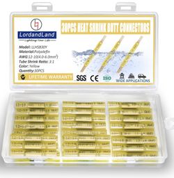 Yellow 30 Pcs Heat Shrink Butt Connectors Kit, Heat Shrink Wire Connectors, Waterproof Insulated Marine Automotive Crimp Terminals Butt Splice Connect