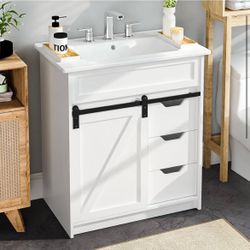 30" Rustic Wood Bathroom Vanity with Sliding Barn Door and sink