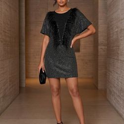 Grayse cocktail or evening Black Sparkly Feather Trim Dress XL deluxe dress 